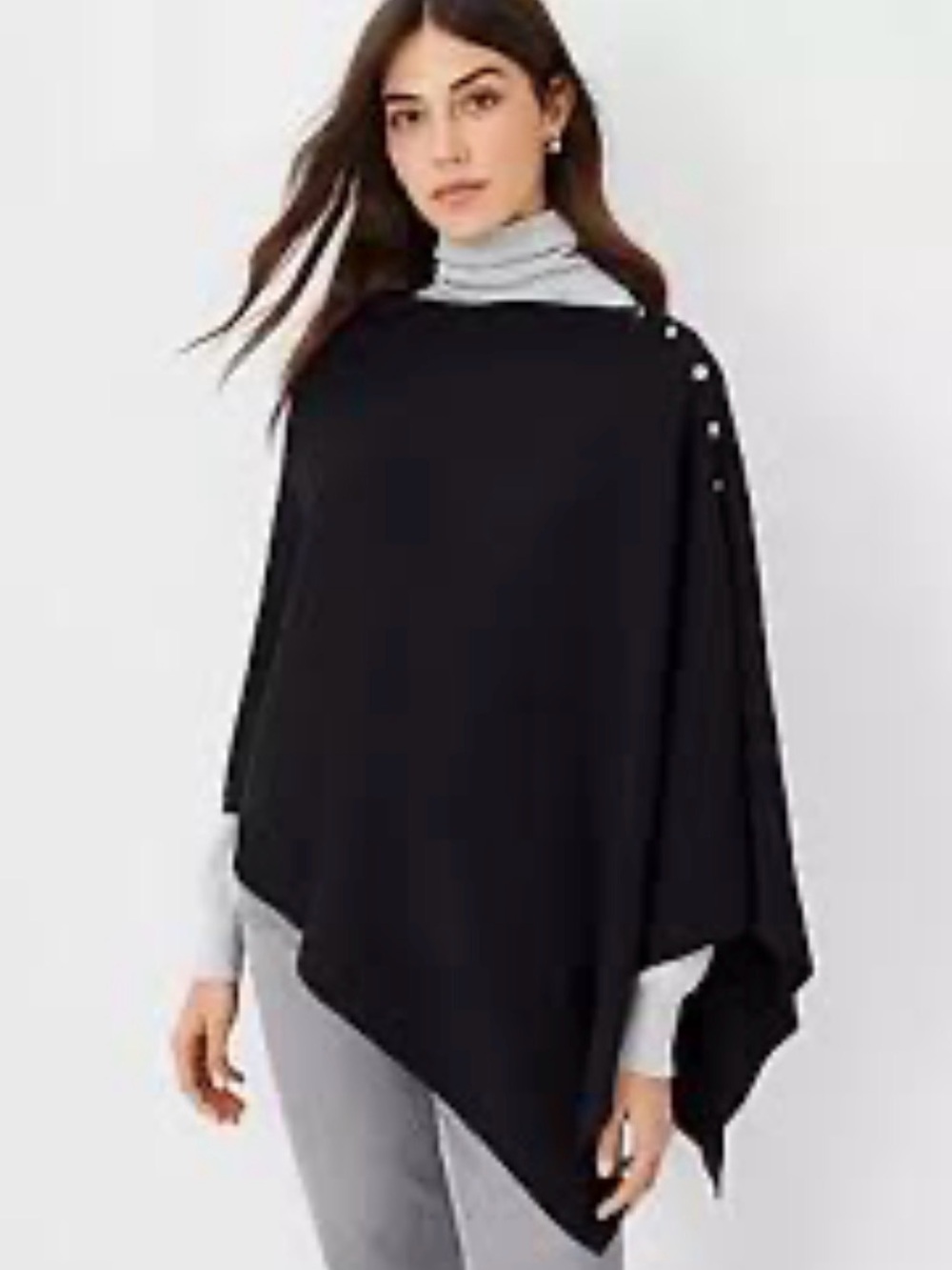 Ann Taylor Black Poncho Cape Sweater XS/S Jeweled Rhinestone Buttons
